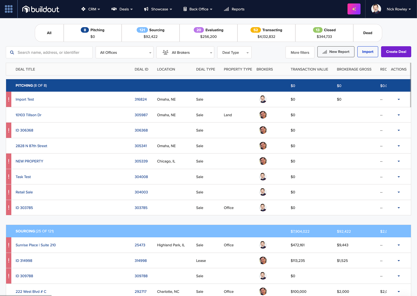 Legacy Buildout CRM deal pipeline — dark navy header, dense data table, pre-V2