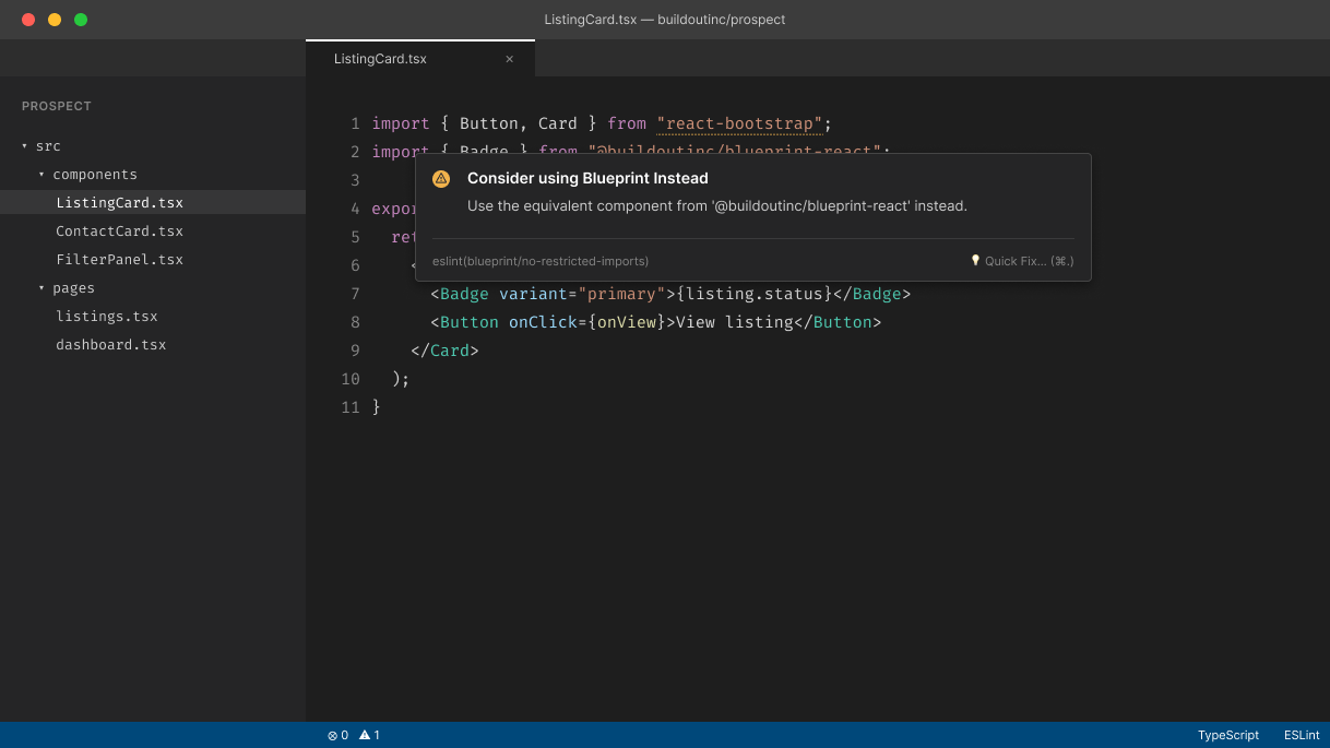 A code editor showing an ESLint rule catching an import from react-bootstrap, with a hover tooltip pointing to the equivalent Blueprint component