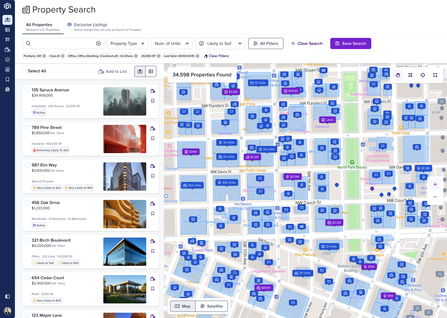 Prospect property search in Blueprint — filterable list alongside a map view