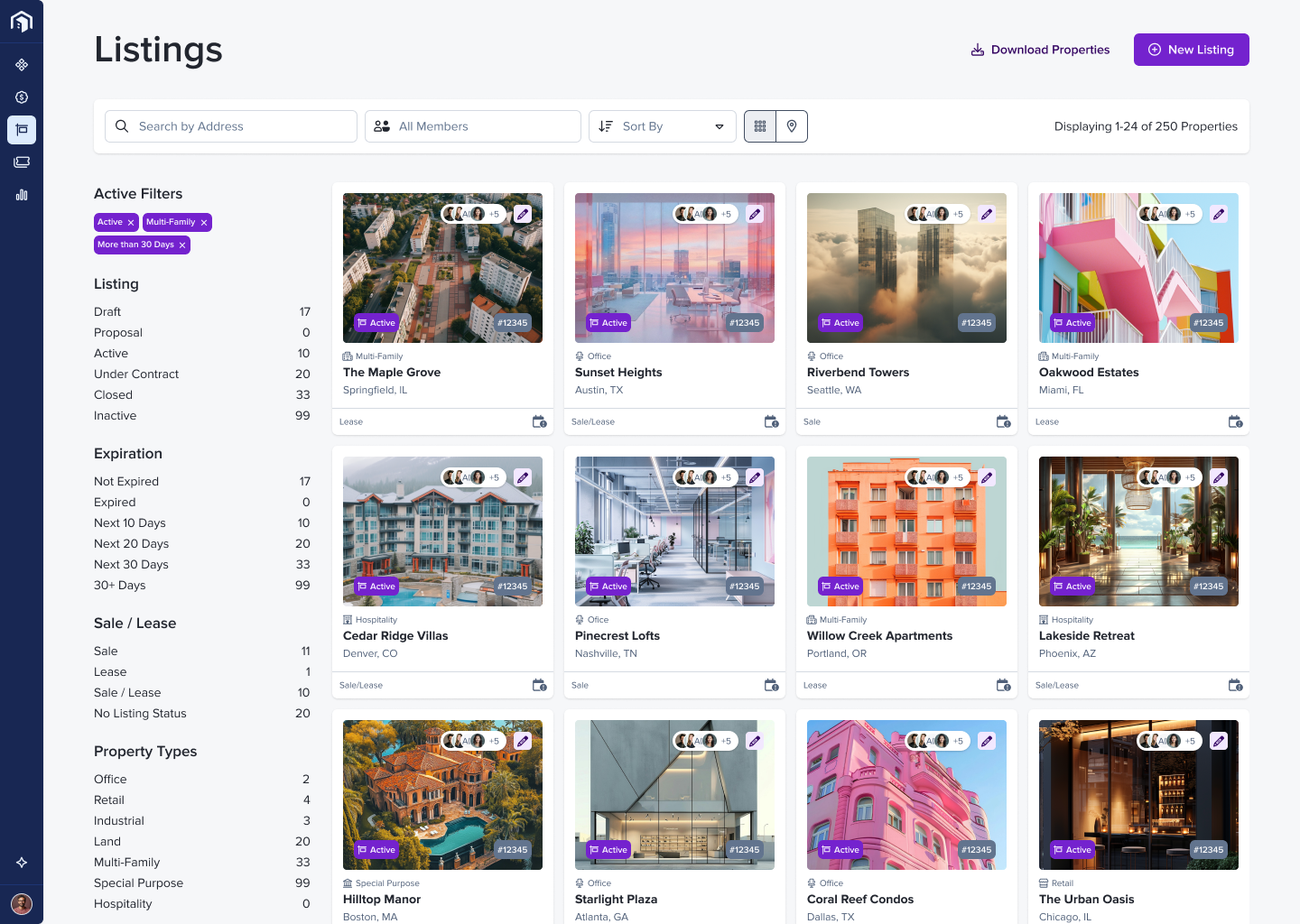 Showcase listings grid in Blueprint — property cards with status and location