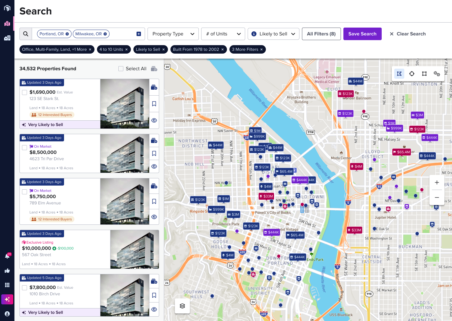 V2 attempt — property search screen with map, filters, and listing cards