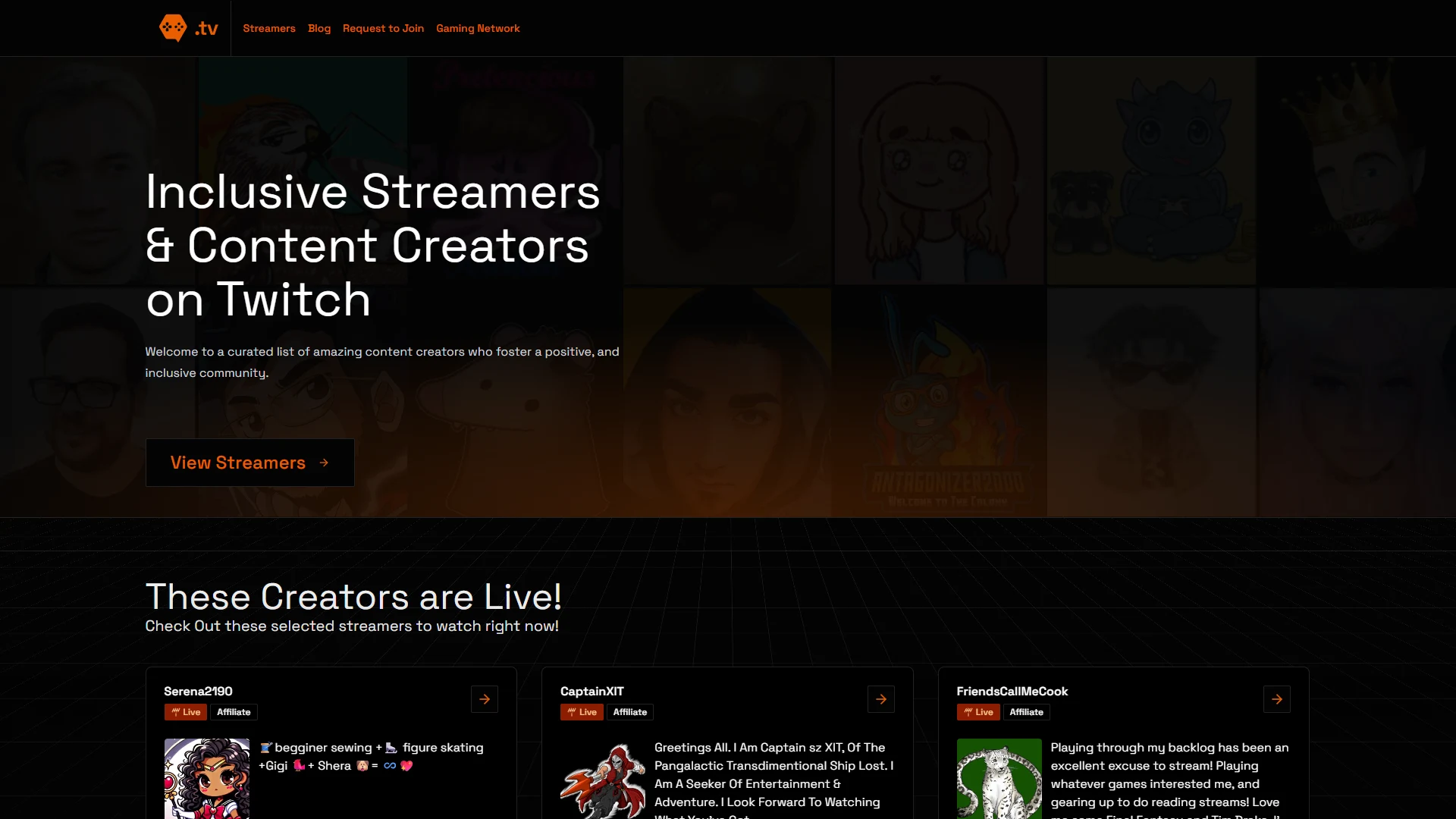 Gamer's Hive TV homepage — a dark hero reading Inclusive Streamers and Content Creators on Twitch, above a row of live streamer cards