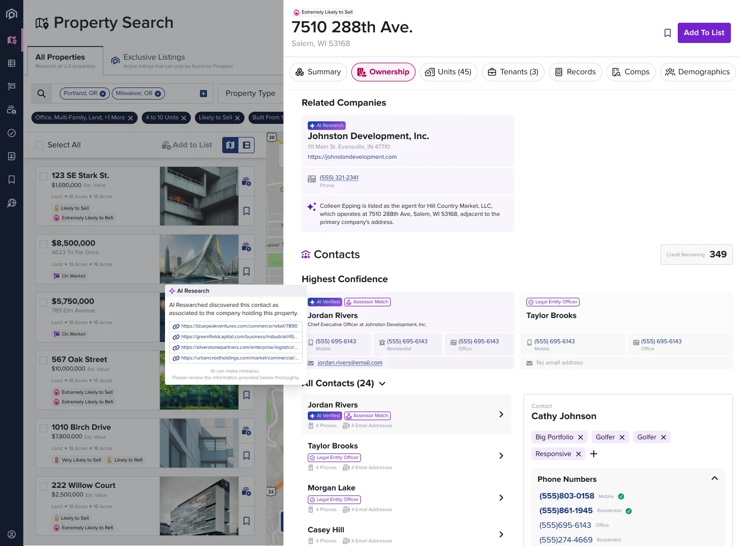 An AI Research popup open over a contact, listing the source links the agent found, with a note that AI can make mistakes and results should be reviewed