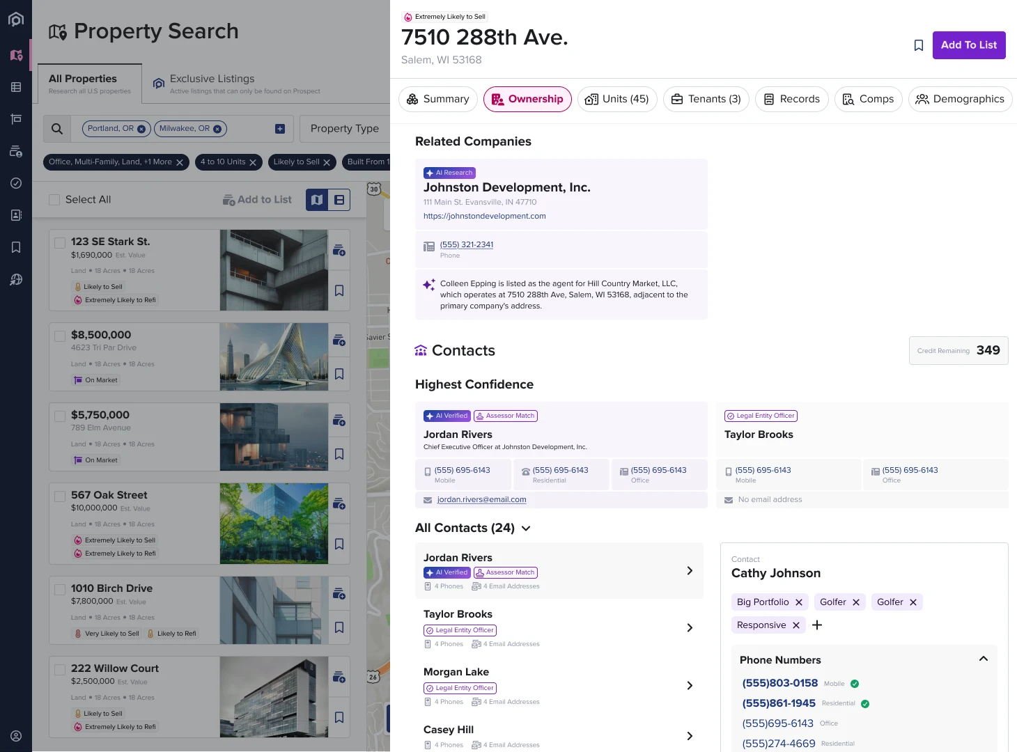 Lookup results — a related company with an AI research summary, and highest-confidence contacts marked AI Verified, Assessor Match or Legal Entity Officer