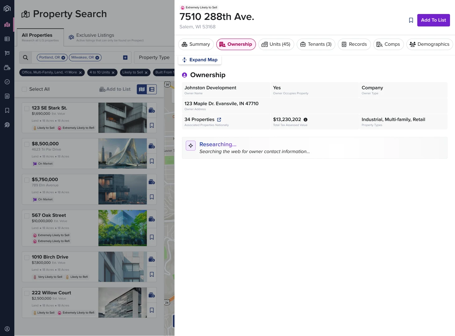 The lookup in progress — a short status line reading 'Researching… Searching the web for owner contact information'