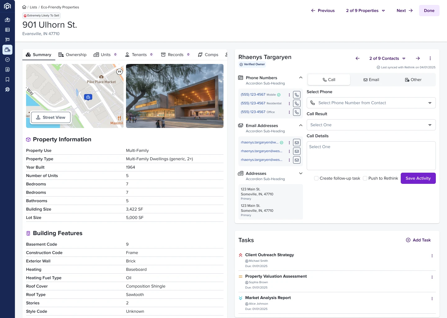 The Console — property and contact details alongside a call-logging panel with tasks assigned to teammates