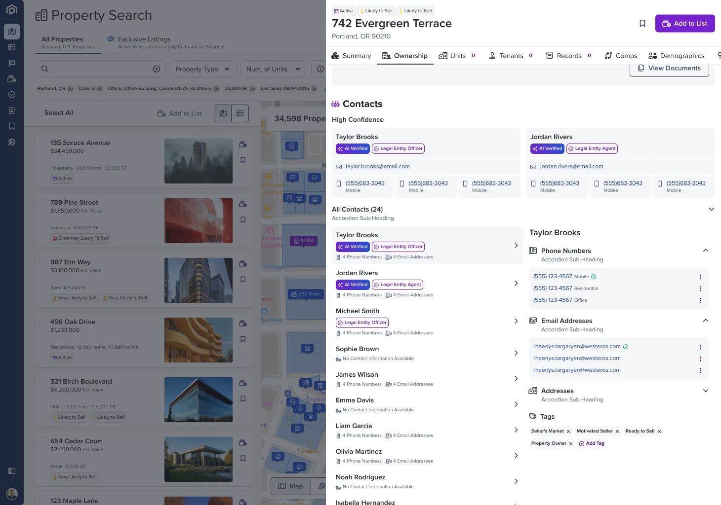 Full contact list for a property owner — 24 contacts with AI-verified badges, phone numbers, and email addresses