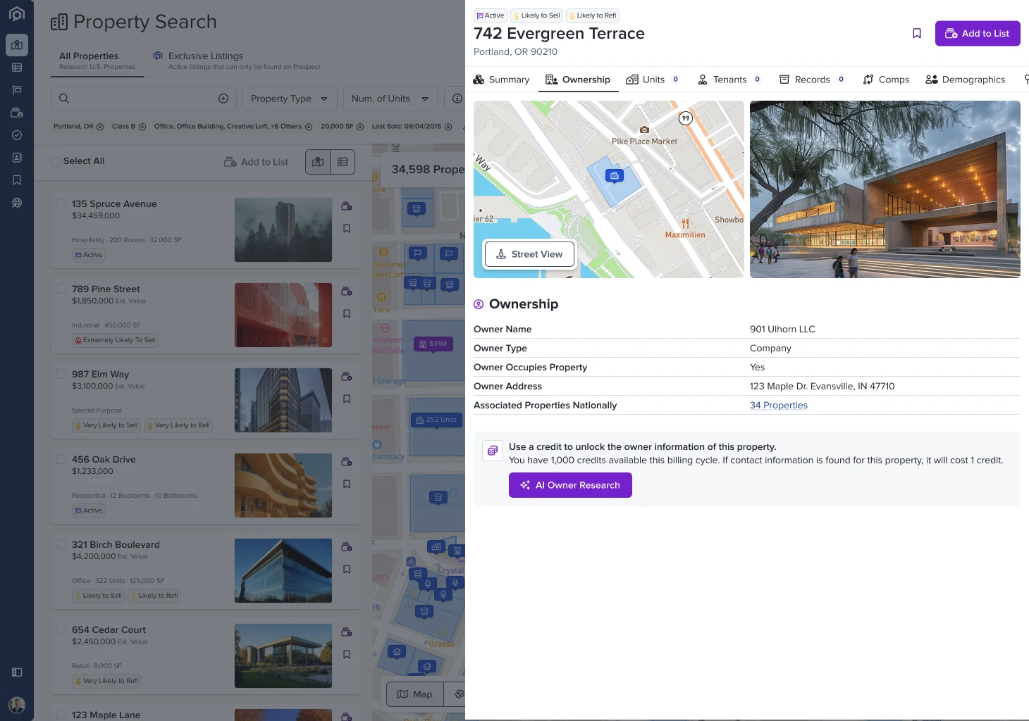 Property ownership tab before AI Contact Lookup runs — owner name and address visible, contacts locked behind a credit