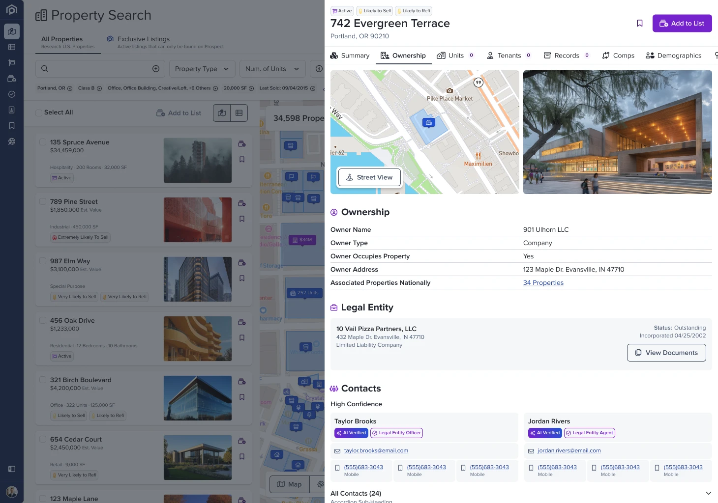 Property ownership tab after AI Contact Lookup — legal entity and two AI-verified contacts with phone and email surfaced
