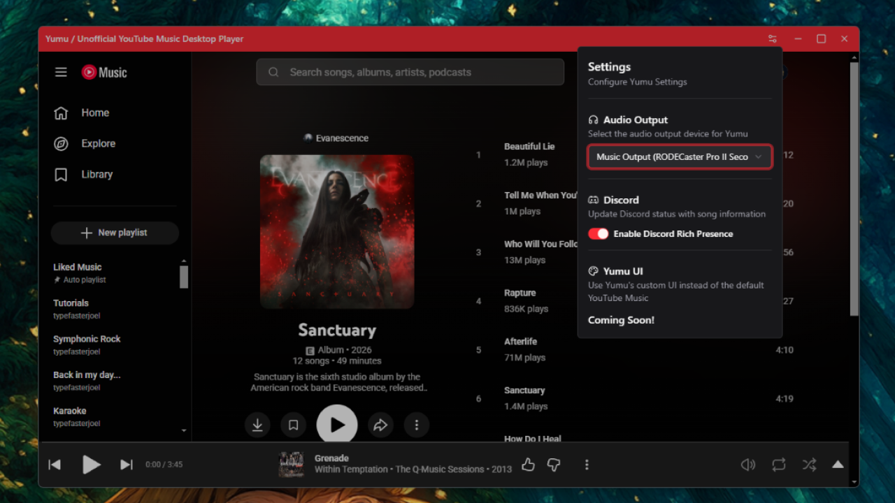 Yumu's settings panel, showing a dedicated audio output device selected and Discord Rich Presence enabled